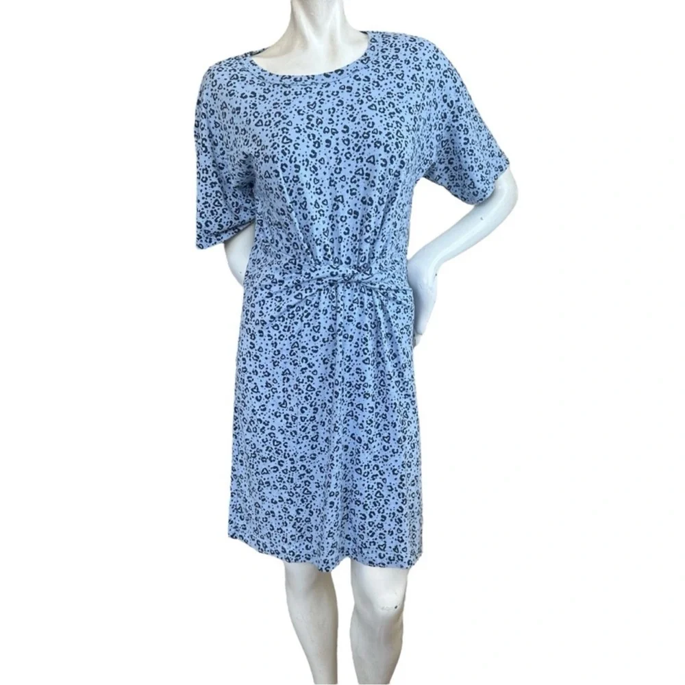 Aerie Blue Twist Front Short Sleeve Leopard Print Casual Tee Shirt Dress Medium